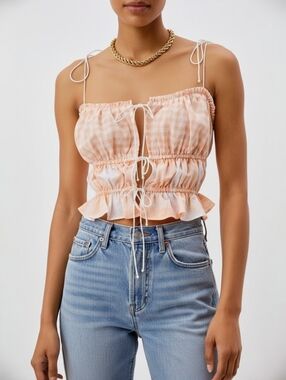 For Love & Lemons Allyson Gingham Linen Blend Tie Front Crop Top S Coquette